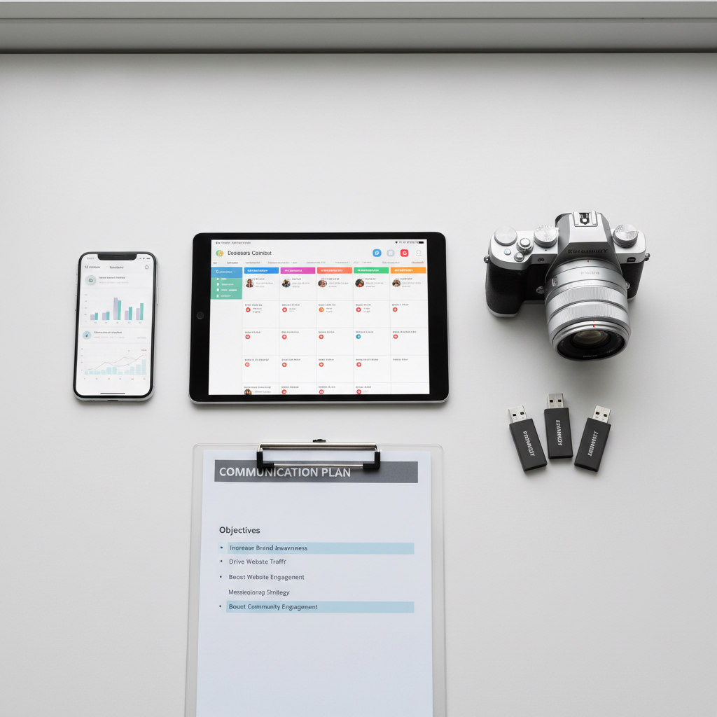 A flat-lay of an organized digital media toolkit spread across a matte white desk: an open tablet showing a content calendar, a smartphone with analytics dashboards, a compact mirrorless camera with a prime lens, and a small stack of branded USB drives. A neatly printed one-page communication plan lies underneath a transparent clipboard, with key objectives highlighted in soft blue. Diffused, overcast window light from above creates an even, shadow-light balance, enhancing clarity and readability. Photographic realism, top-down composition with intentional spacing between objects, clean and modern aesthetic. The atmosphere feels methodical yet creative, perfectly reflecting the blend of strategy and storytelling at the heart of brand marketing and digital media.