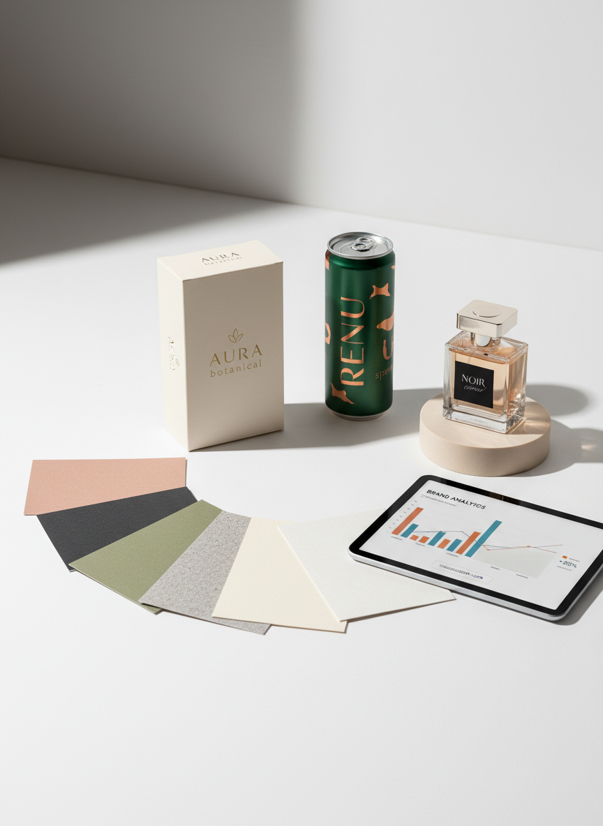 An arrangement of carefully curated product packaging on a crisp white tabletop: a minimalist skincare box, a sleek beverage can, and a small, elegant perfume bottle, each with distinct but harmonious branding. Around them, color swatches, textured paper samples, and a tablet showing social media analytics form a semi-circle. Soft studio lighting from above and slightly to the left casts refined, directional shadows that highlight embossing, foil details, and matte versus gloss finishes. Captured in photographic realism at a slightly elevated angle with sharp focus, the composition follows the rule of thirds, creating a polished, aspirational mood that reflects thoughtful brand positioning and cohesive visual storytelling.