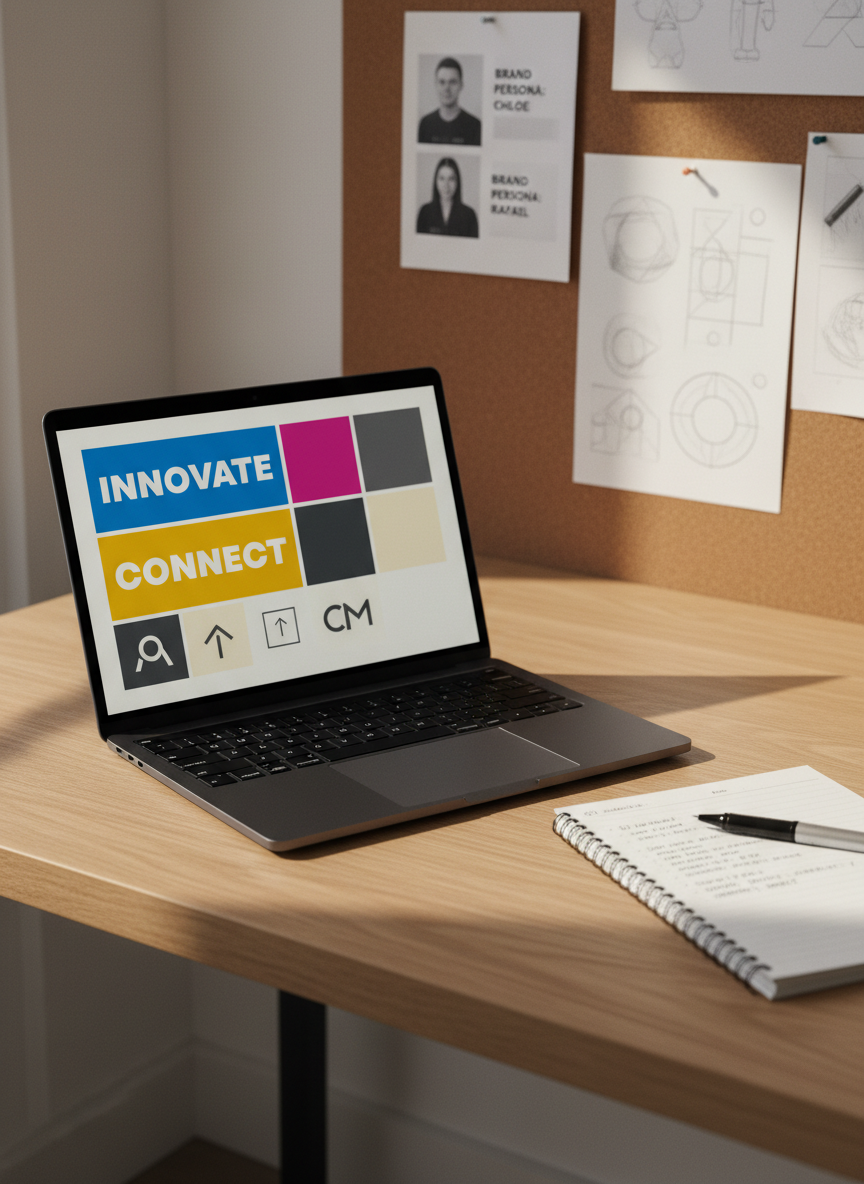 A sleek, matte-black laptop open on a light oak desk, its screen displaying a vibrant brand mood board filled with bold typography, color swatches, and simple logo marks. Beside it, a slim spiral-bound notebook with neat, handwritten strategy notes and a fine-point pen rests at a slight angle. Behind, a soft-focus corkboard holds pinned brand personas and campaign sketches. Natural daylight from an unseen side window washes the scene in soft, even light, creating gentle shadows and subtle reflections on the laptop keys. Photographic realism, eye-level composition with a shallow depth of field, clean and modern aesthetic, conveying a focused, professional atmosphere ideal for a brand marketing strategist’s workspace.