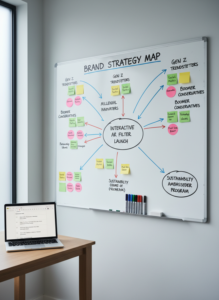 A large, clean whiteboard mounted on a pale grey wall, filled with an organized brand strategy map: neatly drawn arrows, labeled audience segments, post-it notes in distinct color codes, and circled campaign ideas. At the base, an orderly row of colorful markers and an eraser rest on a slim metal ledge. A slim laptop on a nearby standing desk shows a draft content calendar. Cool, diffused daylight pours in from a frosted window to the side, creating a soft, shadowless scene. Photographic realism, wide-angle shot at eye level with everything in sharp focus, minimalist yet dynamic composition that conveys clarity, planning, and professional strategic thinking in brand marketing.