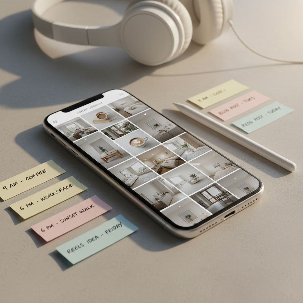 A close-up of a smartphone lying on a smooth, light concrete surface, its bright screen displaying a cohesive Instagram grid for a lifestyle brand: consistent color palette, clean photography, and strategic use of negative space. Nearby, colored sticky notes with handwritten posting times and keywords are carefully arranged, along with a slim stylus and a pair of over-ear headphones. Warm golden-hour light enters from the top of the frame, creating elongated, soft shadows and subtle highlights on the screen’s edges. Photographic realism with a shallow depth of field, shot from a low, angled perspective, emphasizing the phone and grid while softly blurring the planning tools, evoking a thoughtful, digital-first approach to brand storytelling.