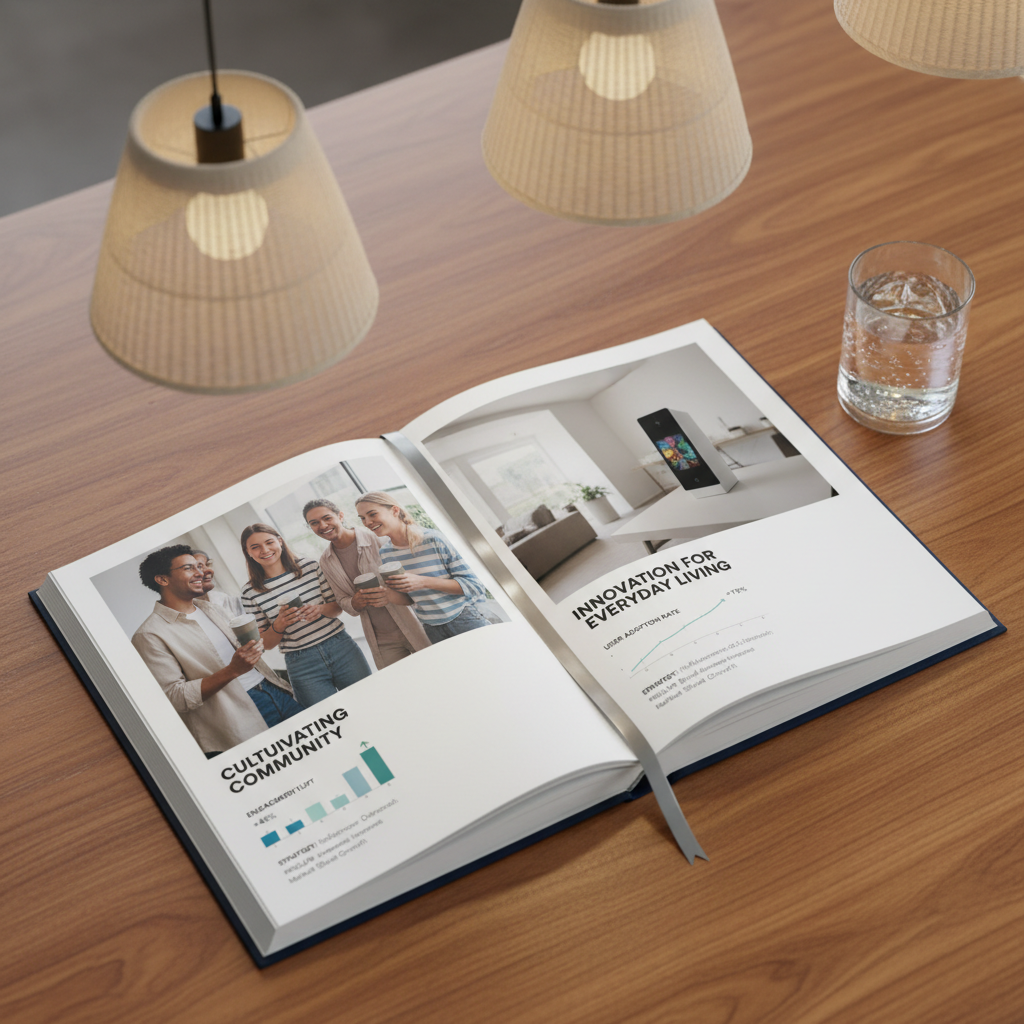 A polished, navy-blue hardcover portfolio book partially open on a walnut table, revealing a spread of brand case studies: full-bleed campaign imagery, concise headlines, and neatly arranged metrics charts. A metallic silver bookmark ribbon drapes elegantly over the page edge. Next to it, a minimalist glass of sparkling water catches tiny reflections of light. Overhead, soft, neutral-toned pendant lighting bathes the scene, creating gentle, controlled shadows that feel calm and professional. Photographic realism, shot from a three-quarter overhead angle with moderate depth of field, emphasizing the clean typography and structured page layout. The mood is sophisticated and credible, ideal for showcasing a strategic communication student’s polished brand marketing work.